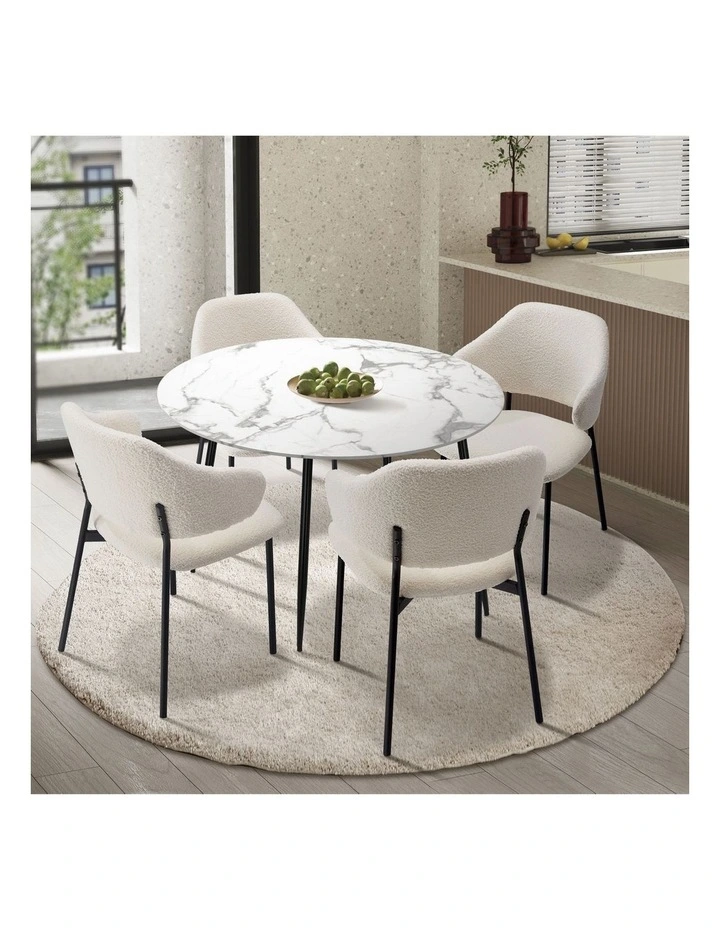 Oikiture 110cm Round Dining Table with 4PCS Dining Chairs Accent Sherpa White image 4