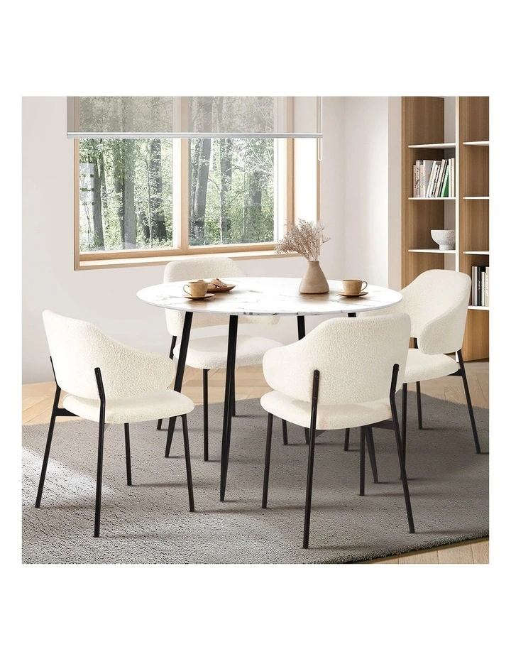Oikiture 110cm Round Dining Table with 4PCS Dining Chairs Accent Sherpa White image 5