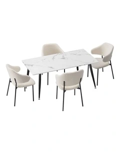 Oikiture 120cm Rectangle Dining Table and 4PCS Dining Chairs Sherpa White