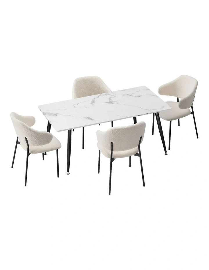 Oikiture 120cm Rectangle Dining Table and 4PCS Dining Chairs Sherpa White image 1