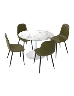 Oikiture 90cm Round Dining Table with 4x Dining Chairs PU Leather Green
