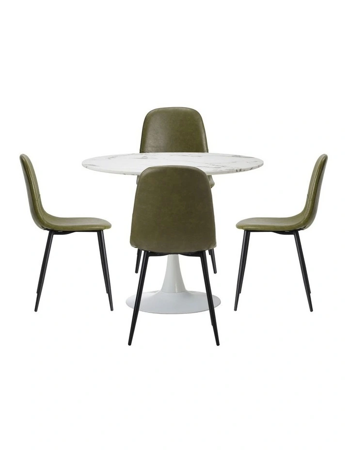 Oikiture 90cm Round Dining Table with 4x Dining Chairs PU Leather Green image 2