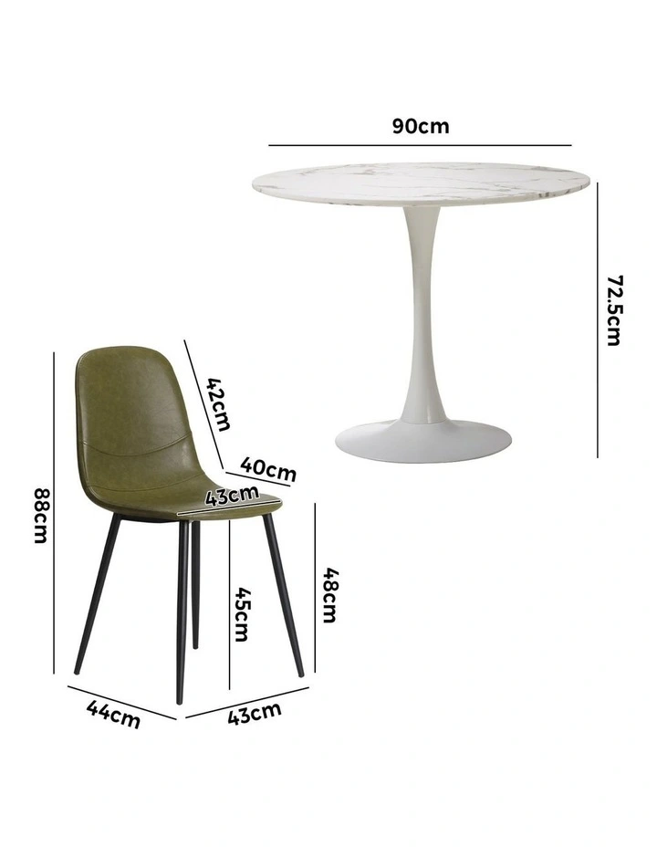 Oikiture 90cm Round Dining Table with 4x Dining Chairs PU Leather Green image 3