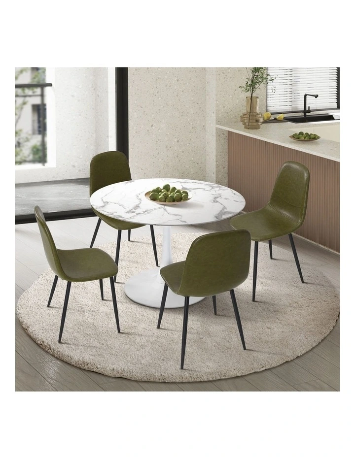 Oikiture 90cm Round Dining Table with 4x Dining Chairs PU Leather Green image 4