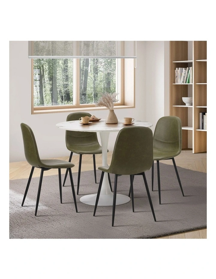 Oikiture 90cm Round Dining Table with 4x Dining Chairs PU Leather Green image 5