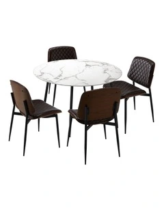 Oikiture 110cm Round Dining Table with 4PCS Dining Chairs PU Walnut