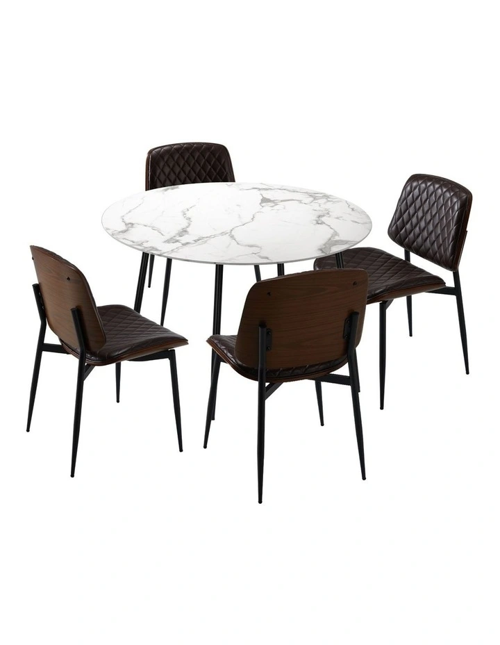 Oikiture 110cm Round Dining Table with 4PCS Dining Chairs PU Walnut image 1