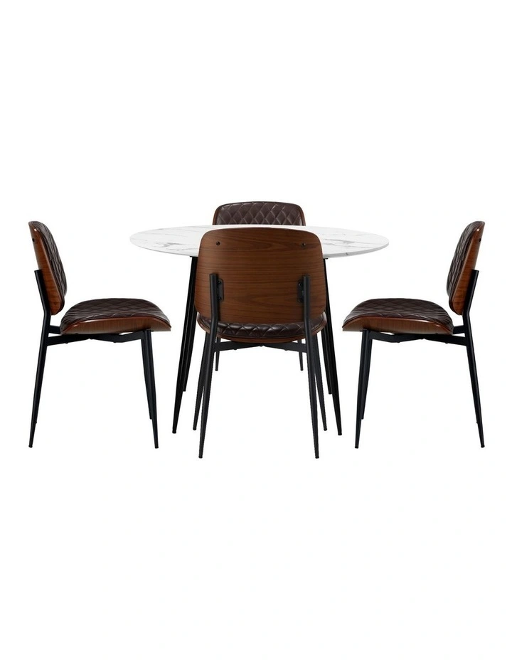 Oikiture 110cm Round Dining Table with 4PCS Dining Chairs PU Walnut image 2