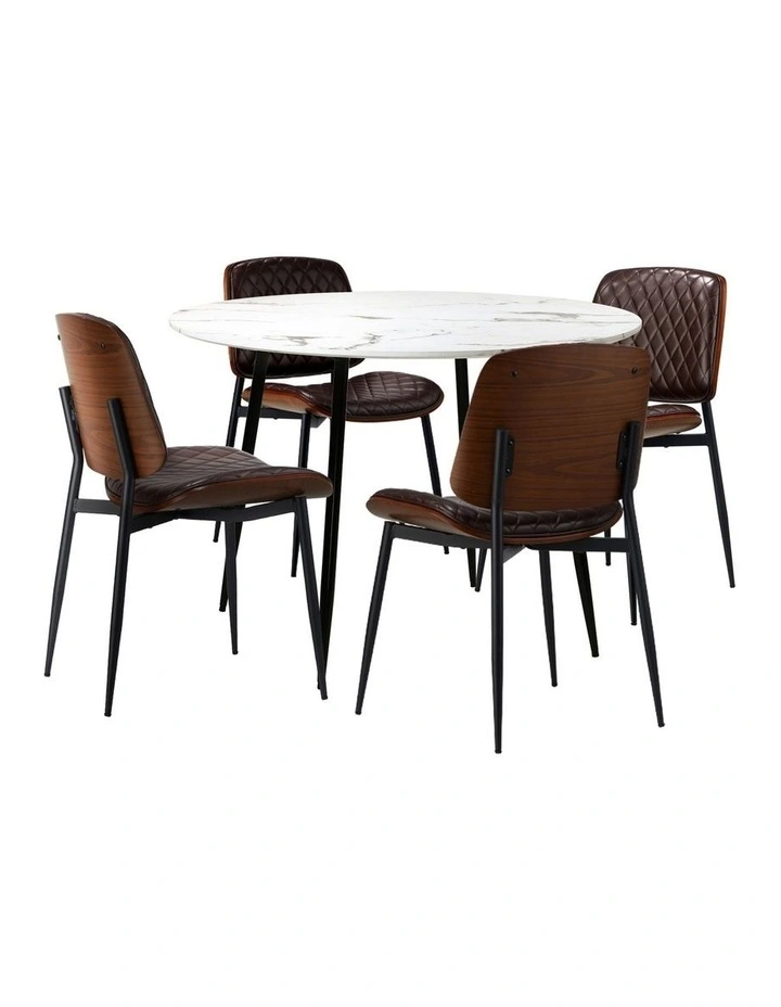 Oikiture 110cm Round Dining Table with 4PCS Dining Chairs PU Walnut image 6