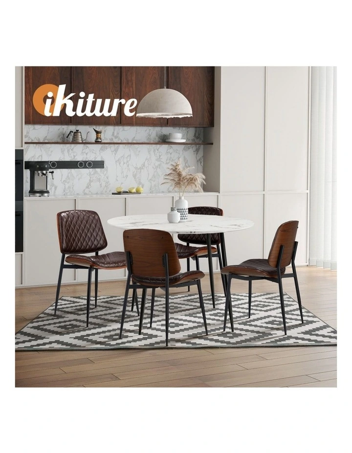 Oikiture 110cm Round Dining Table with 4PCS Dining Chairs PU Walnut image 7