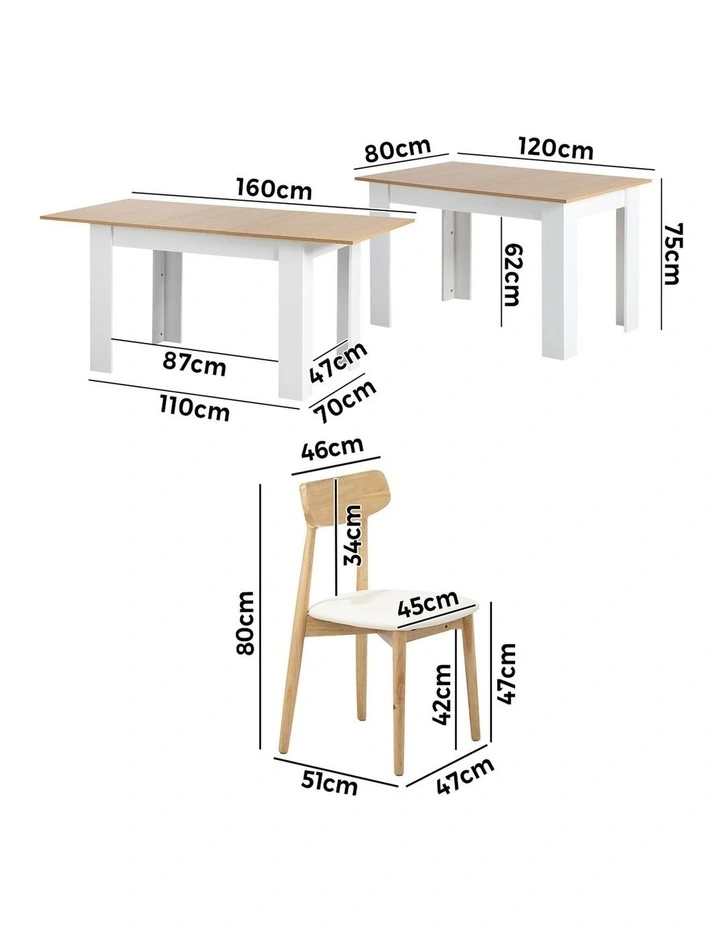 Oikiture 160cm Extendable Dining Table with 4x Dining Chairs PU Leather White image 3