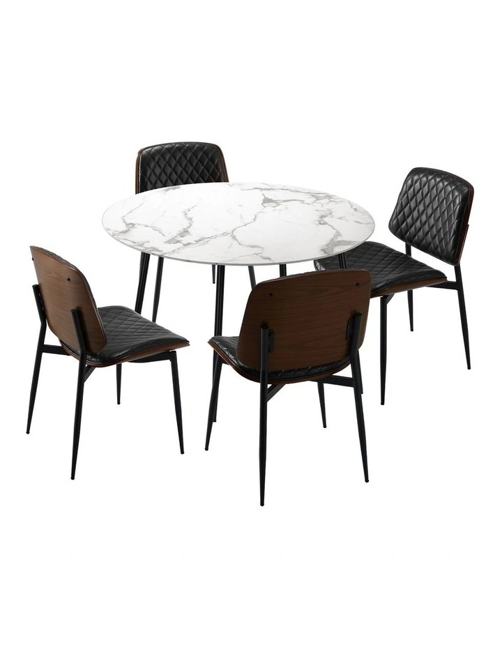 Oikiture 110cm Round Dining Table with 4PCS Dining Chairs PU Black image 1