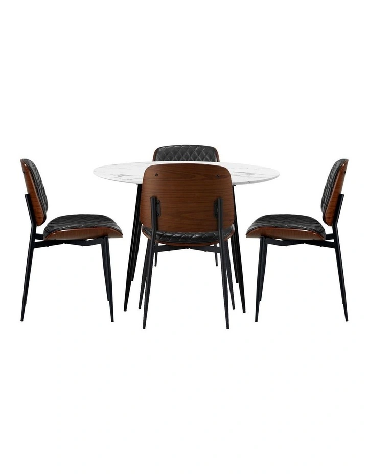 Oikiture 110cm Round Dining Table with 4PCS Dining Chairs PU Black image 2