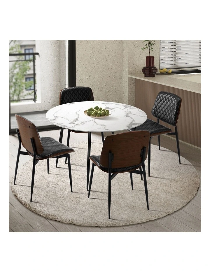 Oikiture 110cm Round Dining Table with 4PCS Dining Chairs PU Black image 4