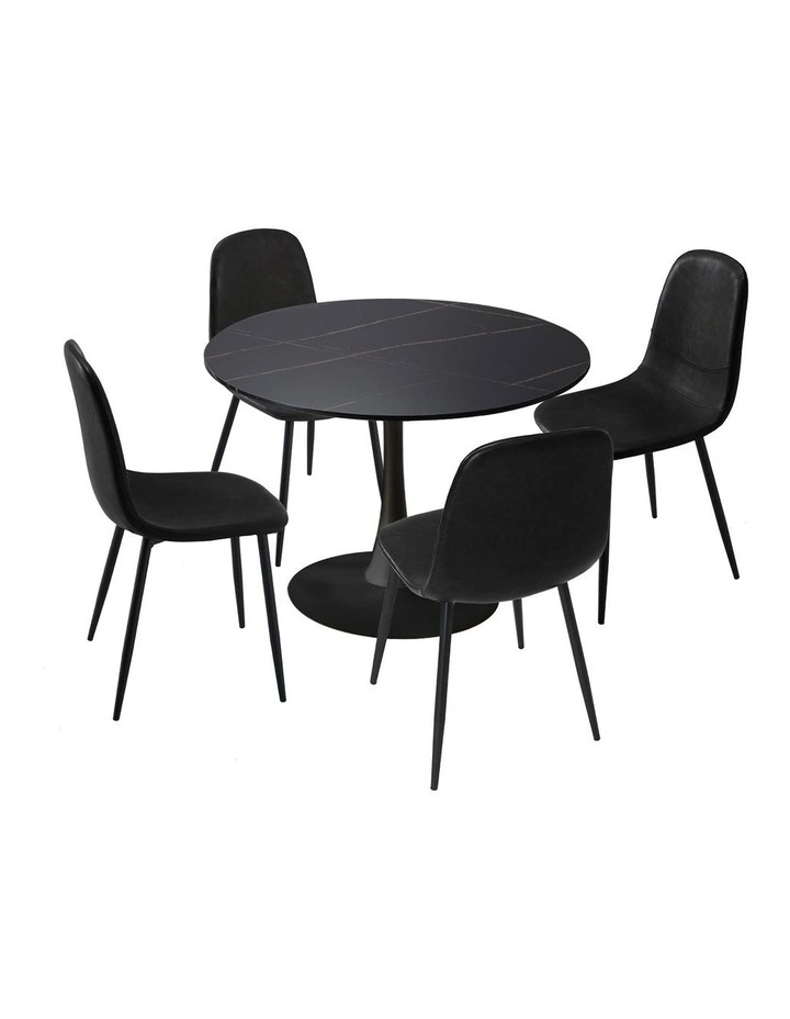 Oikiture 90cm Round Dining Table with 4x Dining Chairs PU Leather Black image 1