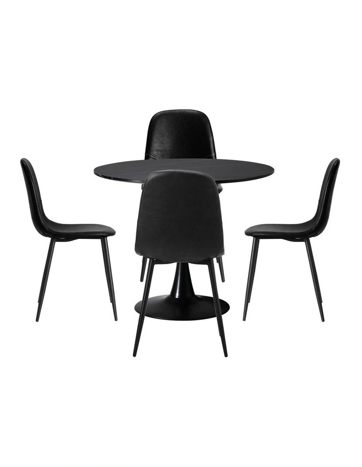 Oikiture 90cm Round Dining Table with 4x Dining Chairs PU Leather Black image 2
