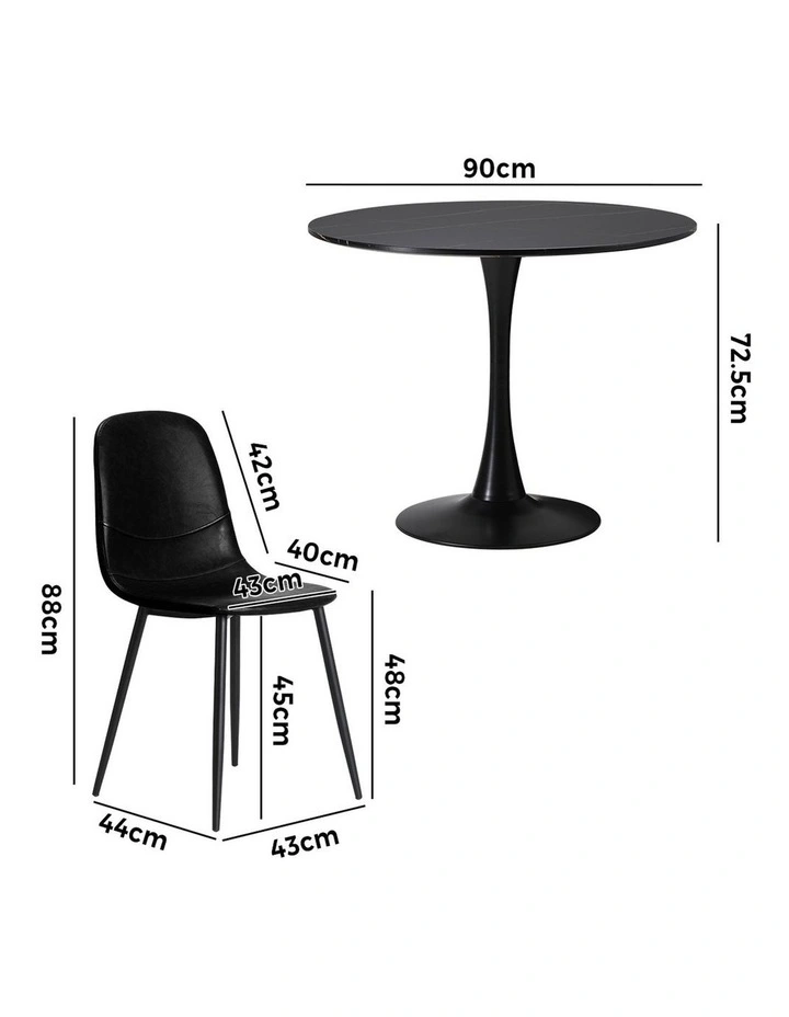 Oikiture 90cm Round Dining Table with 4x Dining Chairs PU Leather Black image 3