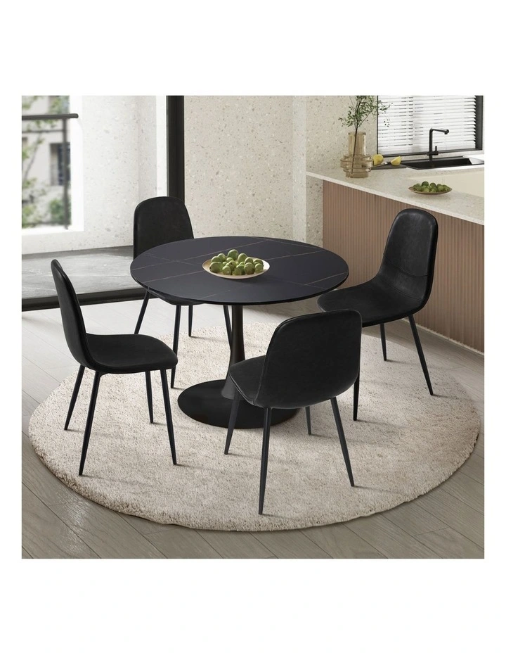 Oikiture 90cm Round Dining Table with 4x Dining Chairs PU Leather Black image 4