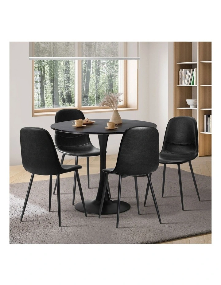 Oikiture 90cm Round Dining Table with 4x Dining Chairs PU Leather Black image 5