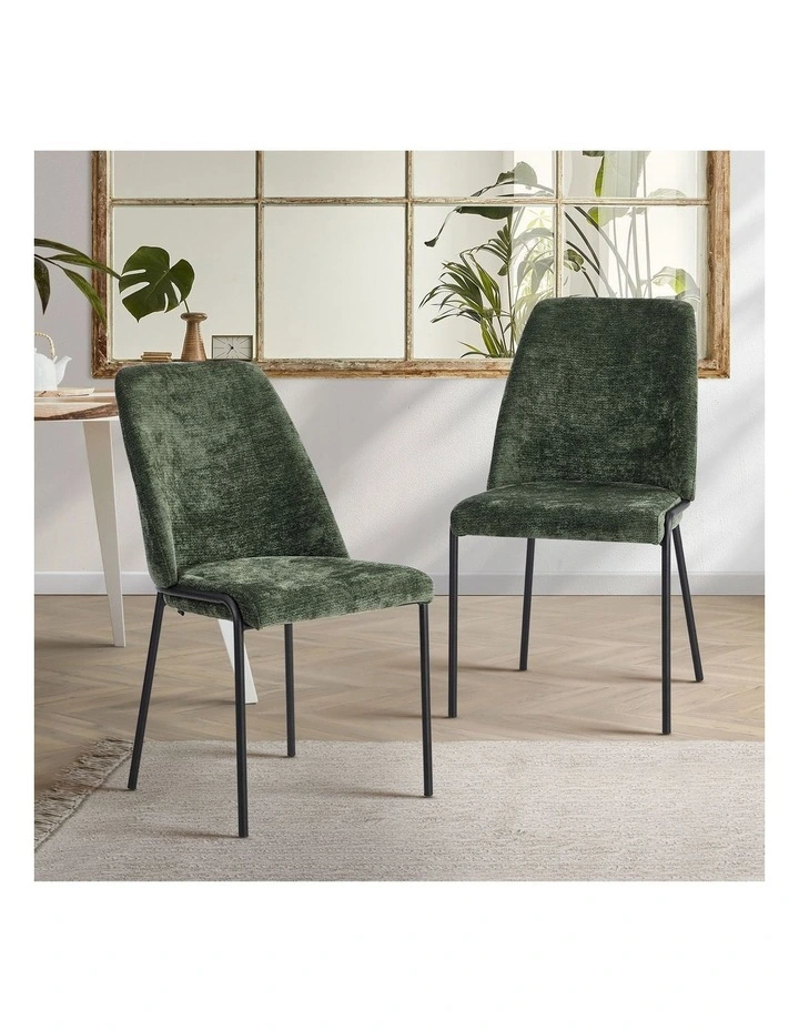 Oikiture Set of 2 Dining Chairs Chenille Fabric Kitchen Chair Padded Seat Green image 4