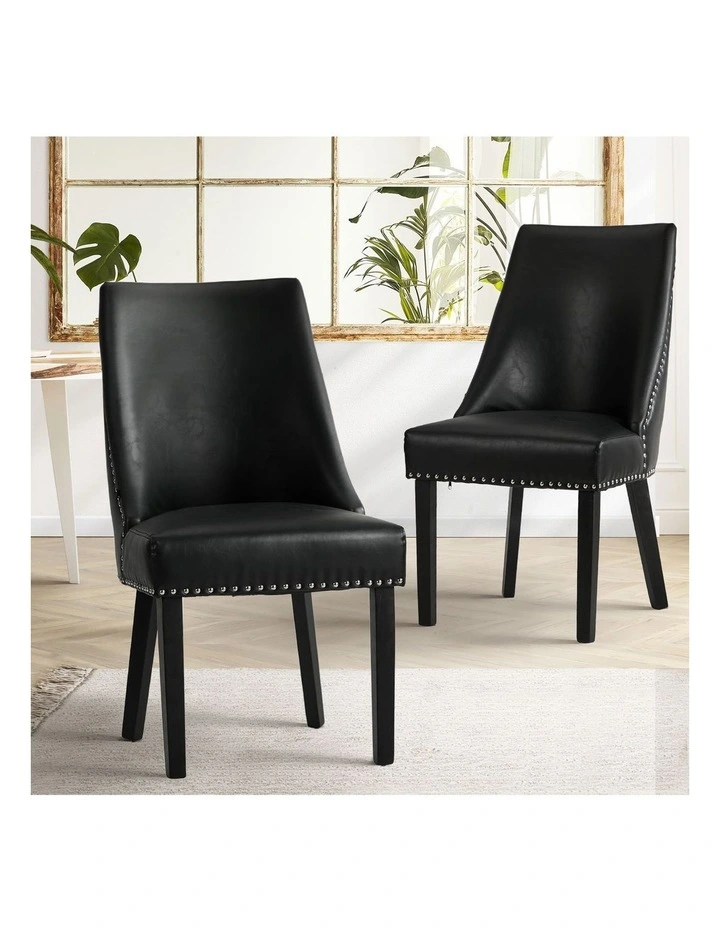 Oikiture 2PCs PU Leather Dining Chair Kitchen Padded Seat Winglet Design Black image 4