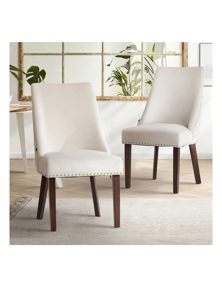 Oikiture 2PCs Velvet Dining Chair Kitchen Padded Seat Winglet Design Beige image 4