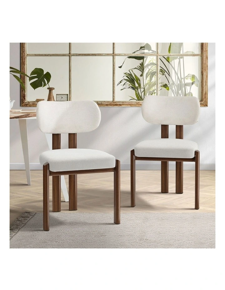 Oikiture Set of 2 Dining Chairs Linen Fabric Kitchen Padded Seat Beige&Brown image 4