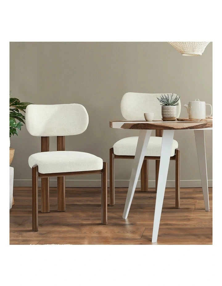Oikiture Set of 2 Dining Chairs Linen Fabric Kitchen Padded Seat Beige&Brown image 5