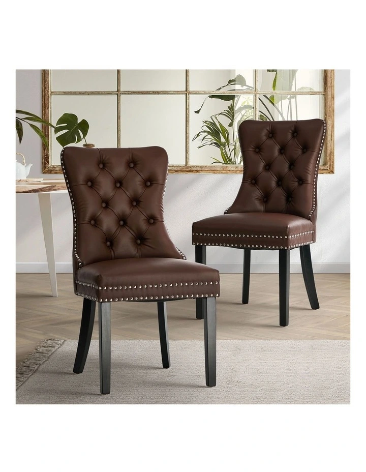 Oikiture 2x Dining Chairs Upholstered French Provincial Tufted PU Leather Brown image 4