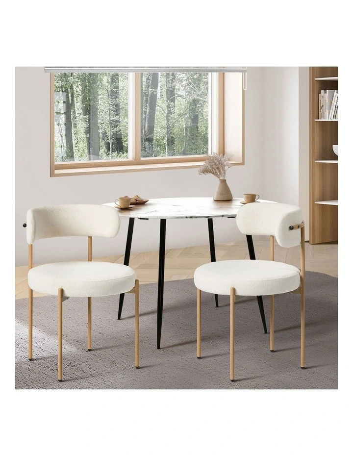 Oikiture 2x Dining Chair Round Boucle Kitchen Lounge Seats Backrest White&Natural image 4
