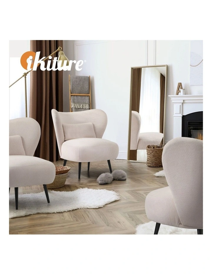 Oikiture Armchair Lounge Chair with Lumbar Pillow Wingback Velvet Beige image 7