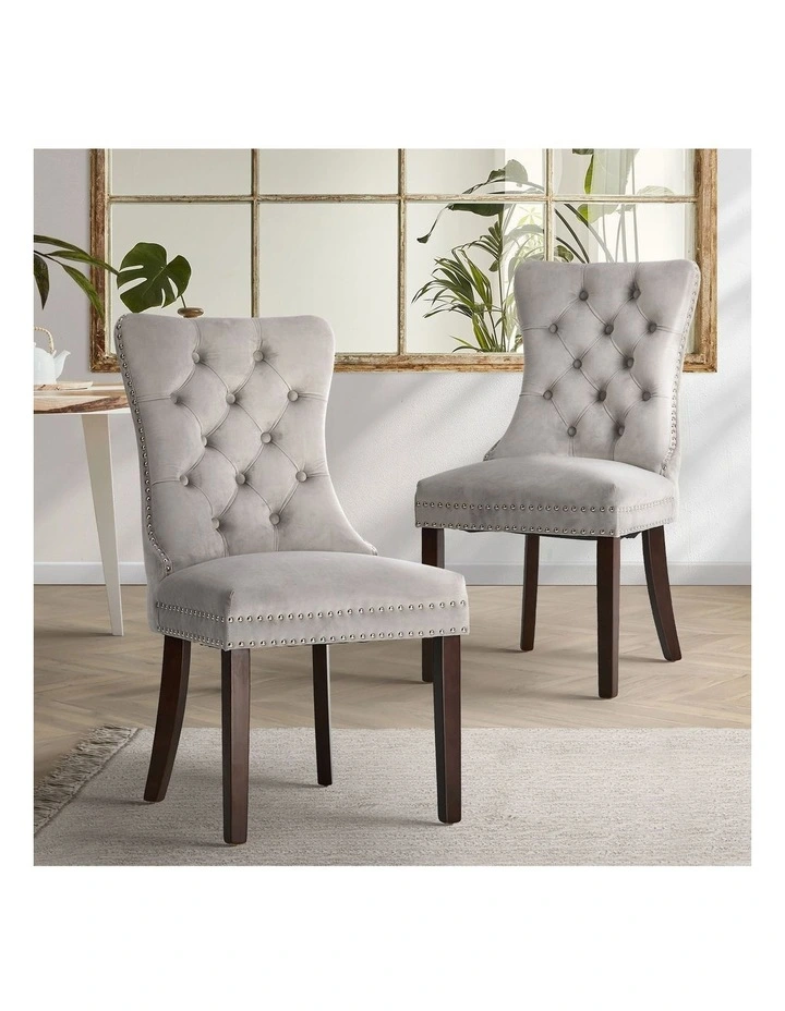 Oikiture 2x Velvet Dining Chairs Upholstered French Provincial Tufted Light Grey image 4
