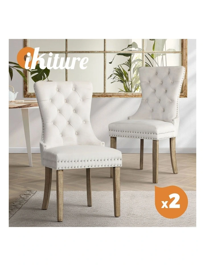 Oikiture 2x Velvet Dining Chairs Upholstered French Provincial Tufted Beige image 4