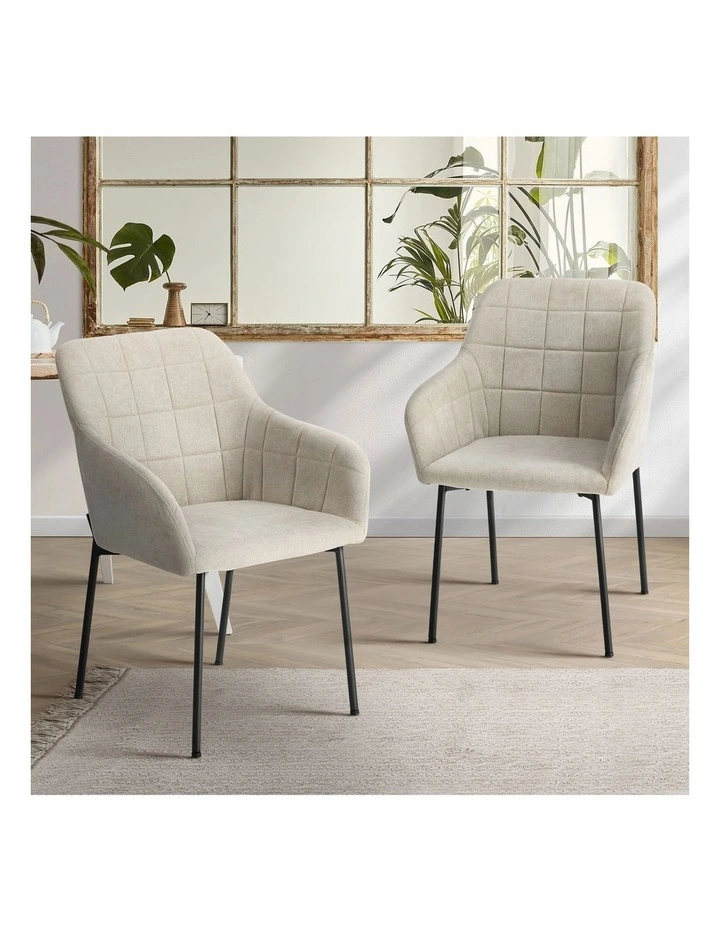 Oikiture 2x Dining Chairs Kitchen Accent Armchairs Linen Fabric Beige image 4