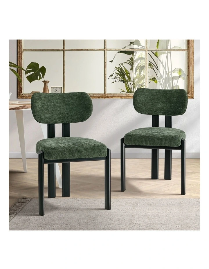 Oikiture Set of 2 Dining Chairs Chenille Fabric Kitchen Chair Padded Seat Green image 4