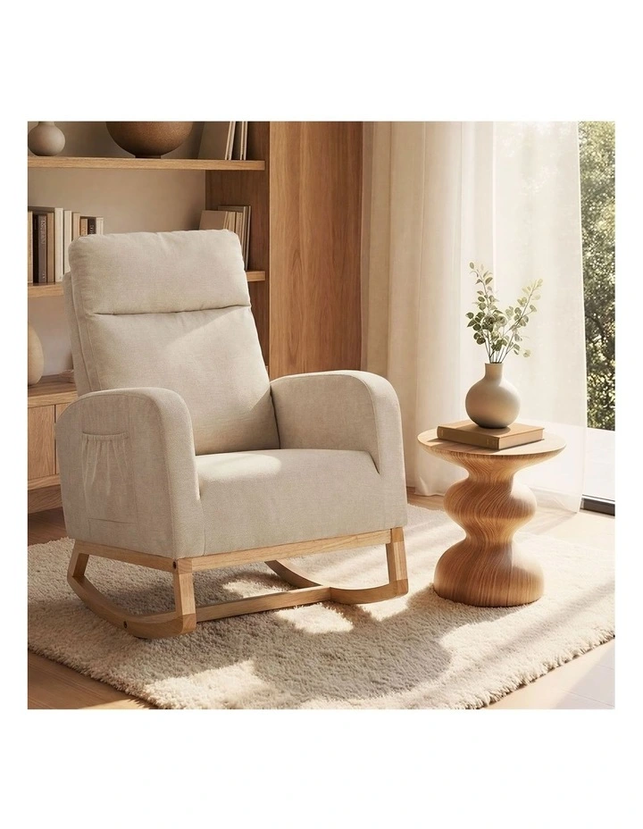 Oikiture Rocking Armchair Linen Fabric Lounge Chair Accent Chair Beige image 4