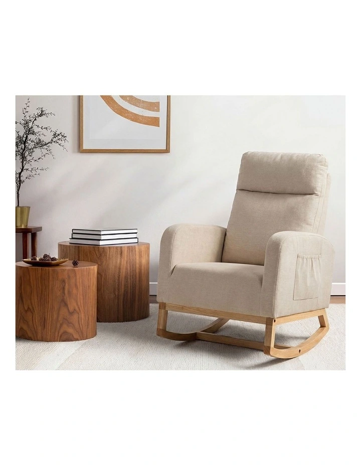 Oikiture Rocking Armchair Linen Fabric Lounge Chair Accent Chair Beige image 5