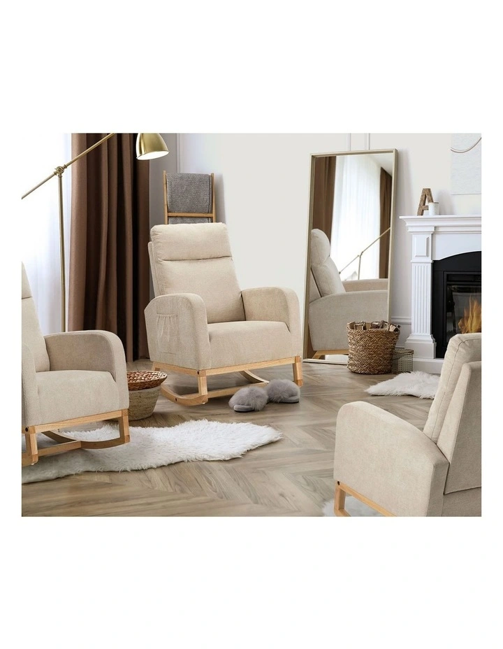 Oikiture Rocking Armchair Linen Fabric Lounge Chair Accent Chair Beige image 7