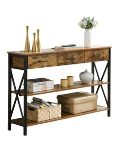 Console Table with 3 Drawers and Charging Station, Industrial Entryway Table with 3 Tier Shelves