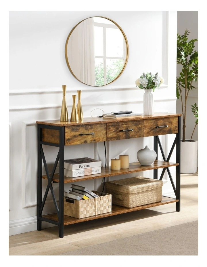Console Table with 3 Drawers and Charging Station, Industrial Entryway Table with 3 Tier Shelves image 2