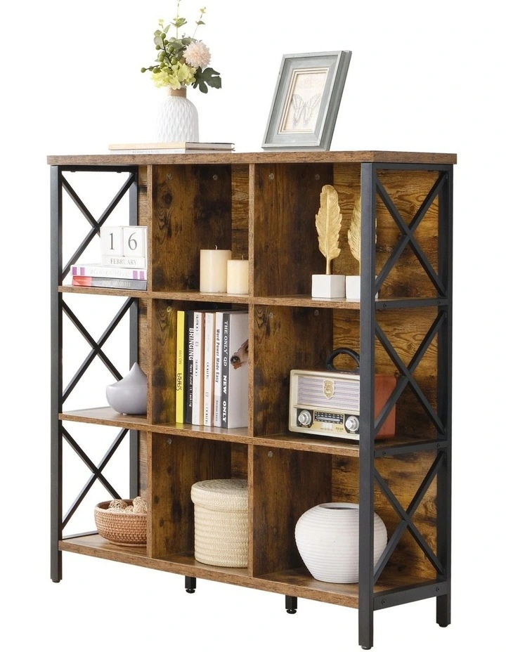 9 Cube Storage Bookshelf, Industrial 4 Shelf Book Shelf, Brown image 1