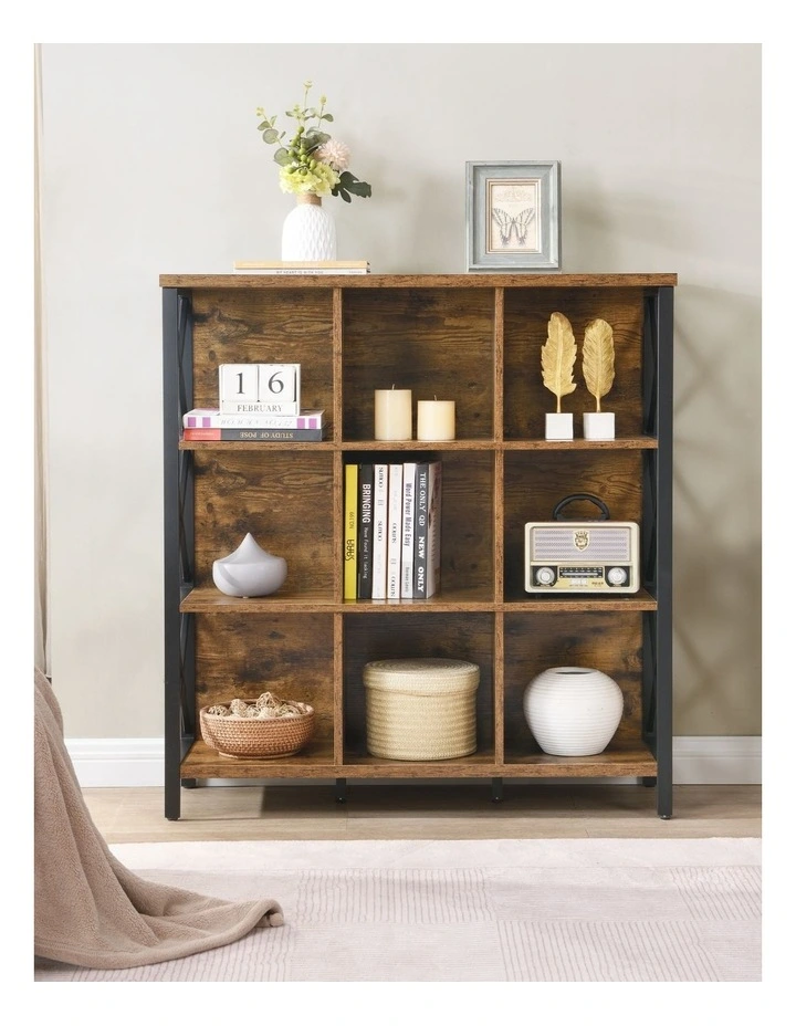 9 Cube Storage Bookshelf, Industrial 4 Shelf Book Shelf, Brown image 3