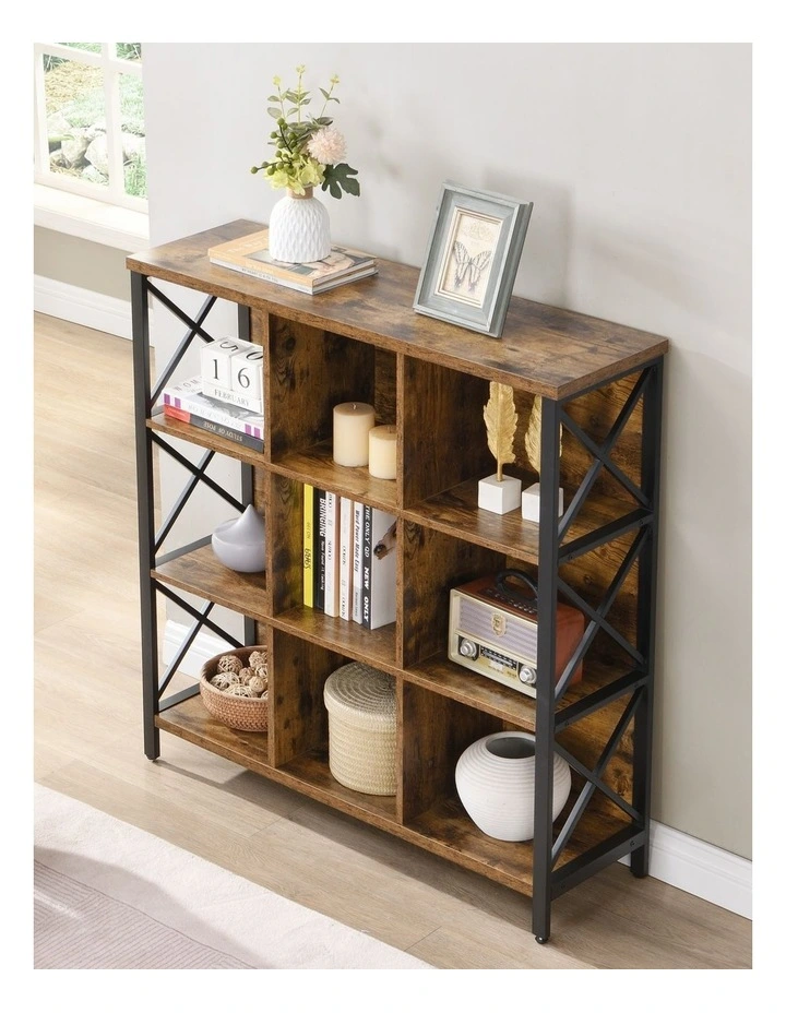 9 Cube Storage Bookshelf, Industrial 4 Shelf Book Shelf, Brown image 4