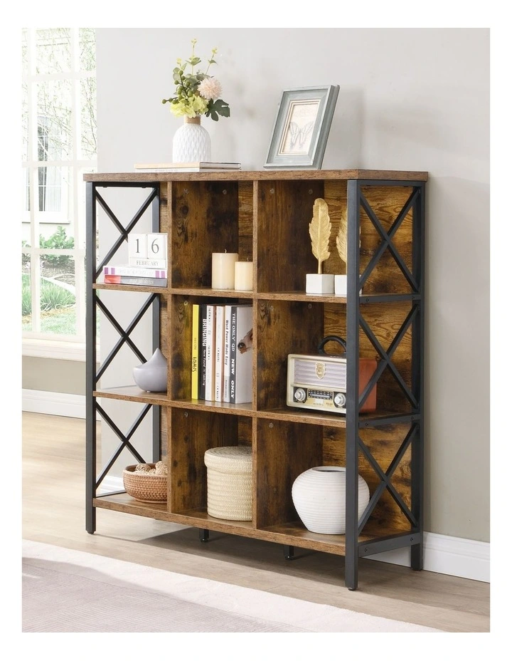 9 Cube Storage Bookshelf, Industrial 4 Shelf Book Shelf, Brown image 5
