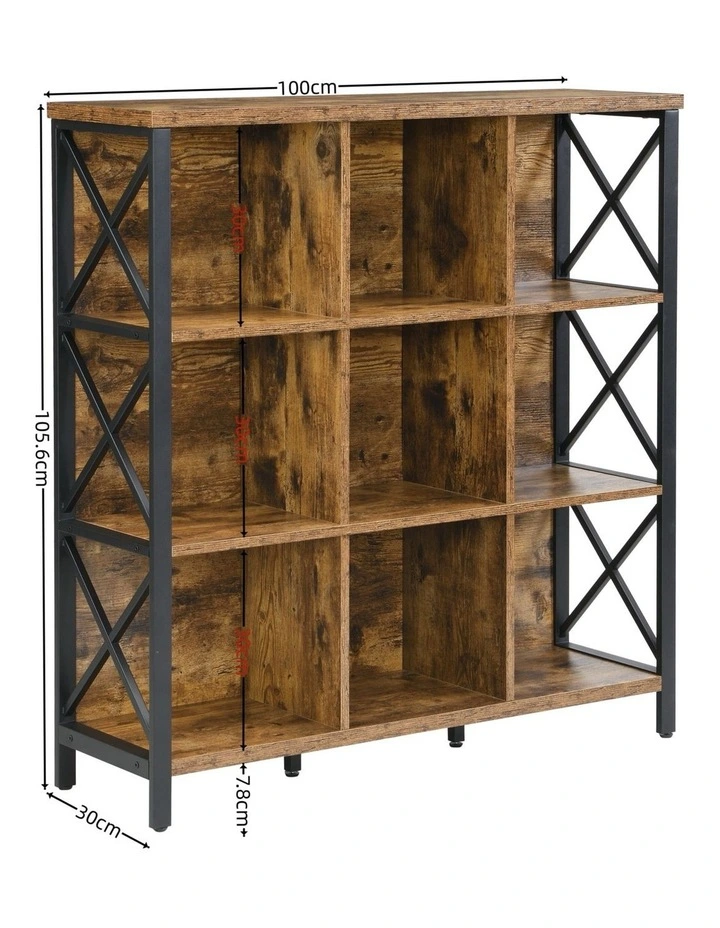9 Cube Storage Bookshelf, Industrial 4 Shelf Book Shelf, Brown image 7