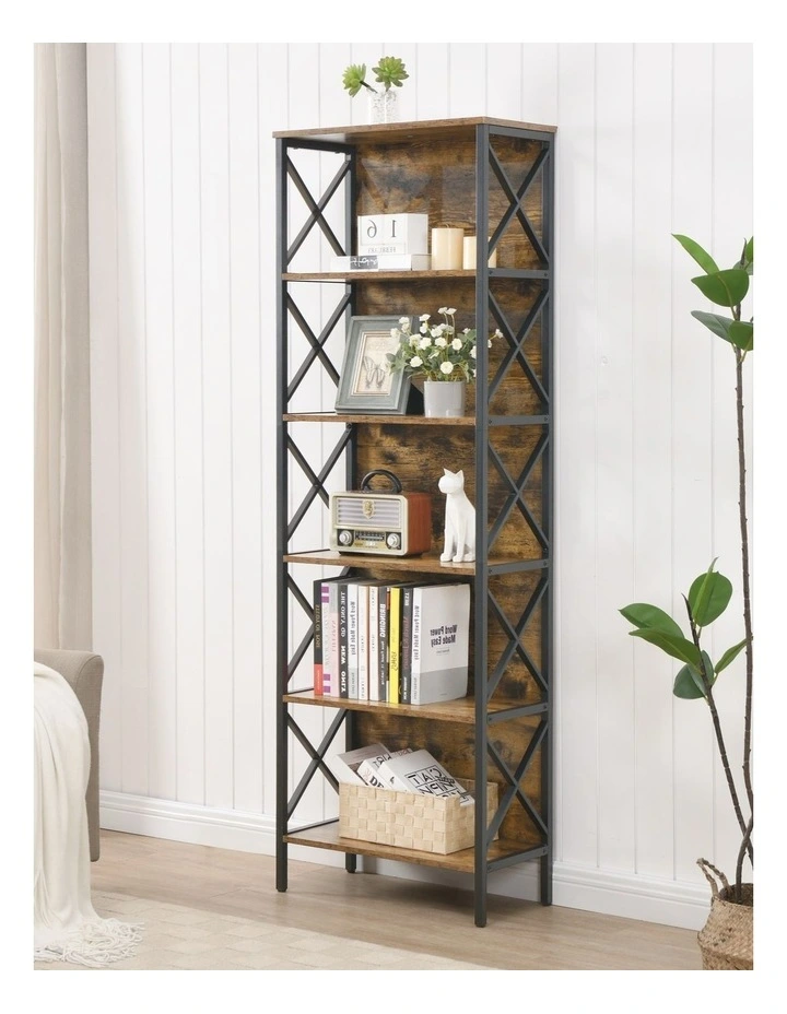 6 Tier Tall and Narrow Bookshelf, Brown image 2