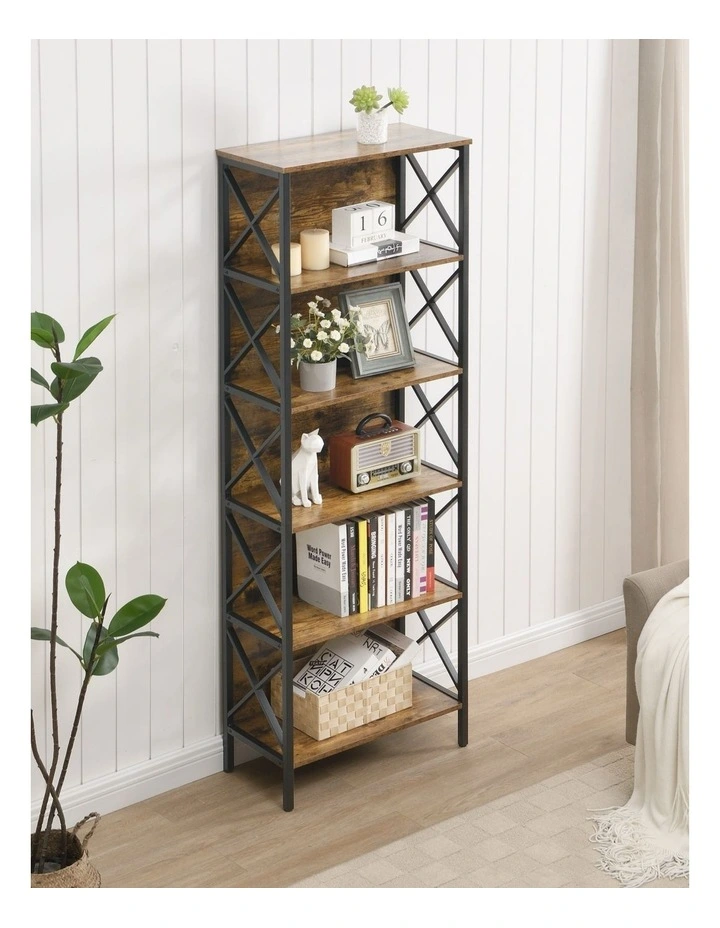 6 Tier Tall and Narrow Bookshelf, Brown image 4