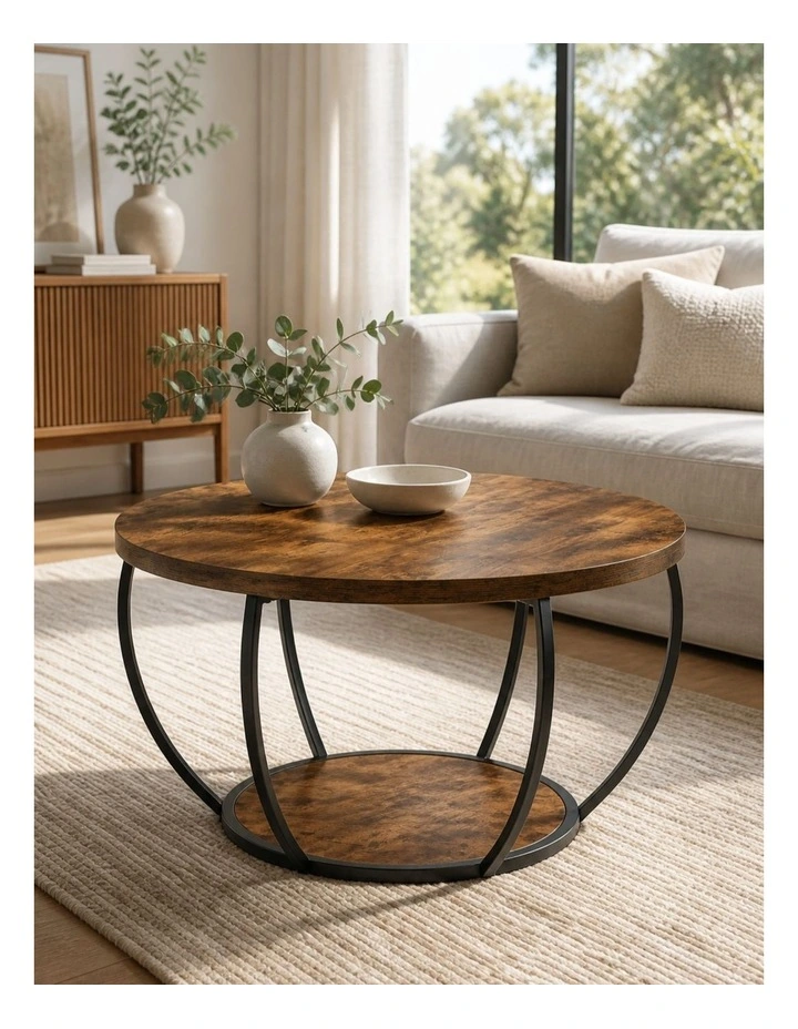 80cm Wooden Two-Tier Round Coffee Table with Storage Shelves, Brown image 2