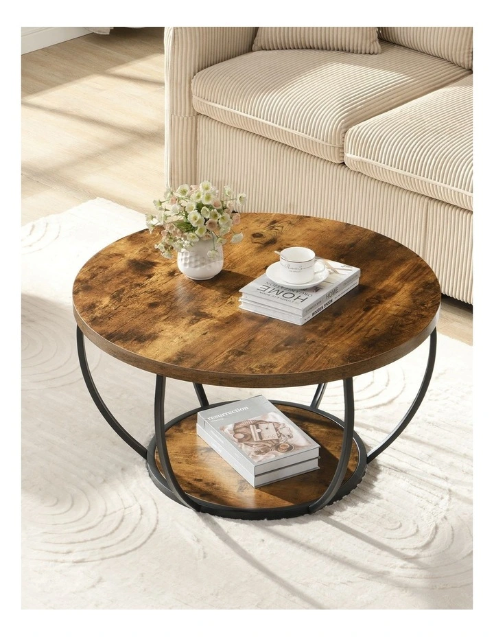 80cm Wooden Two-Tier Round Coffee Table with Storage Shelves, Brown image 3