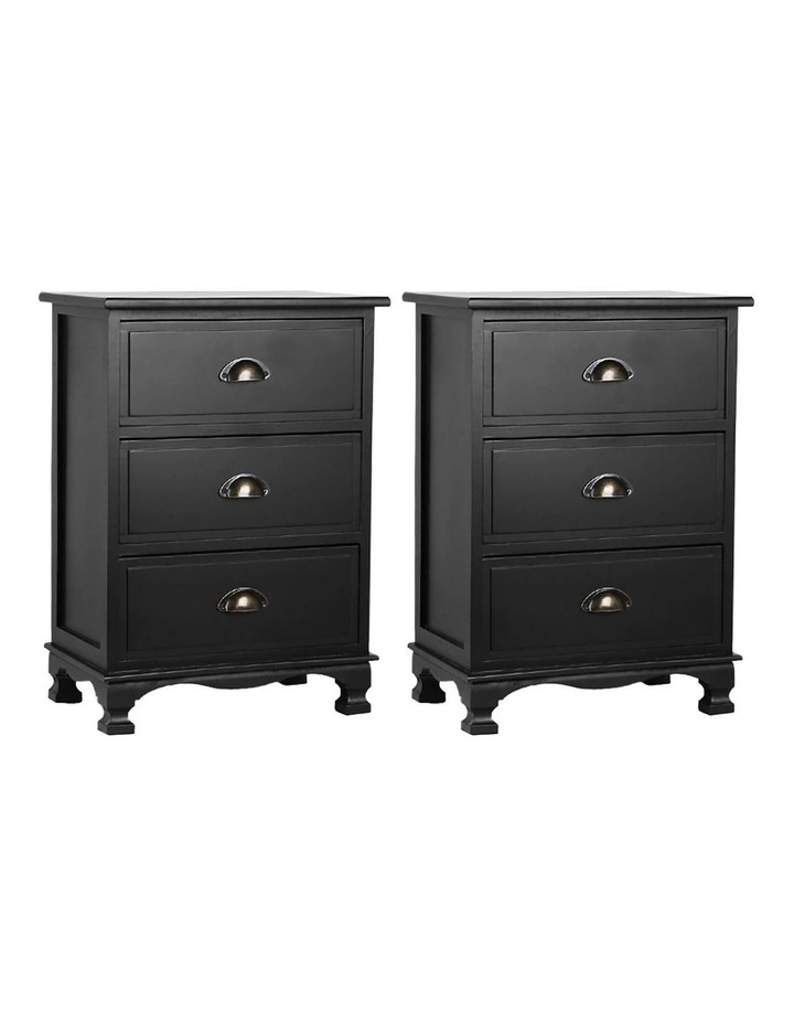 Artiss 2x Bedside Table 3 Drawers Vintage - THYME Black image 1